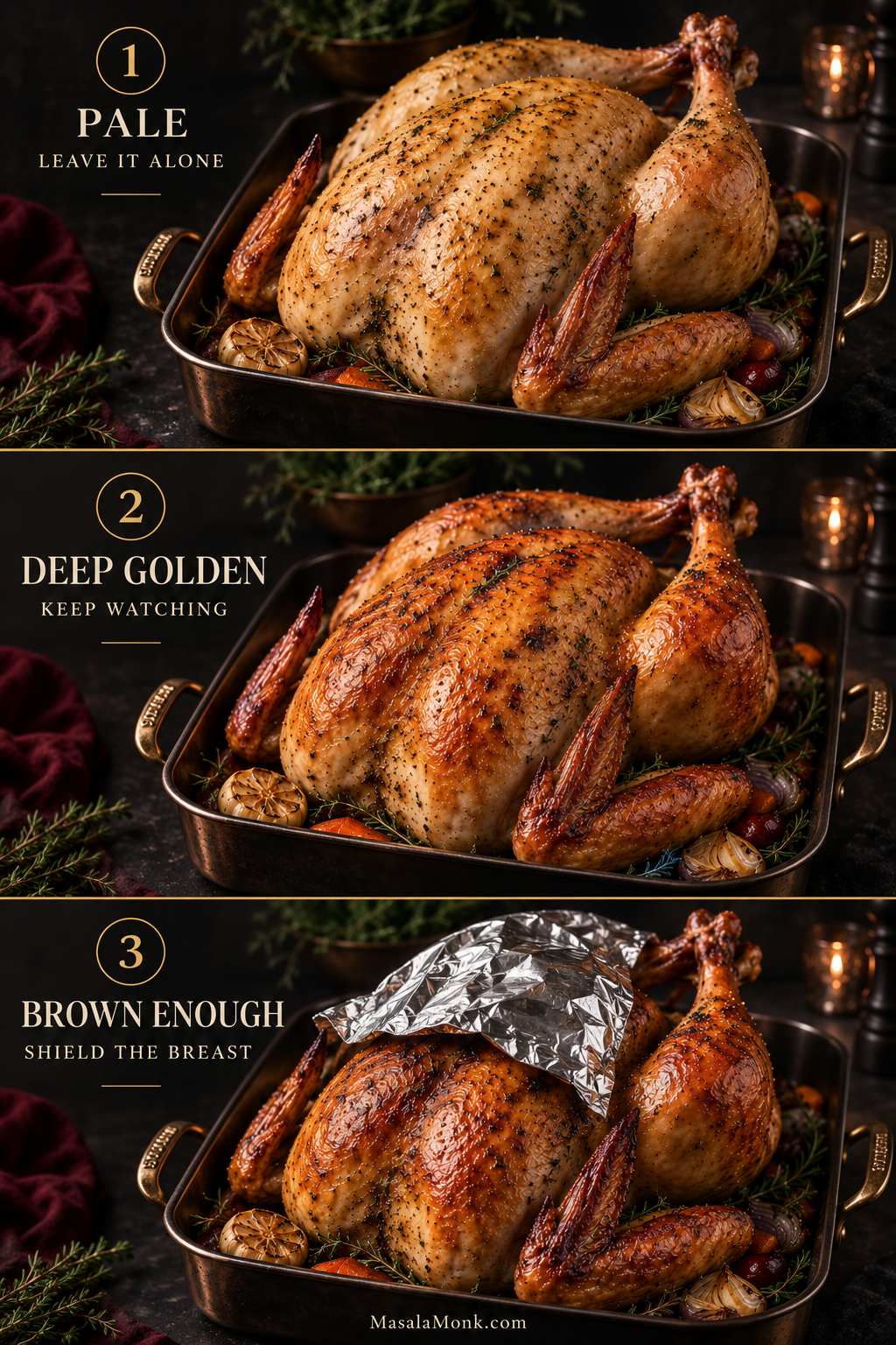 Three-stage roast turkey sequence showing pale skin, deep golden browning, and a browned turkey with foil loosely covering the breast while the legs remain exposed.