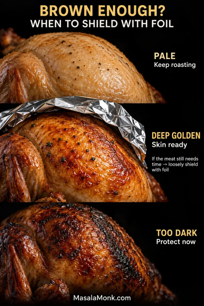 Three close-up turkey-skin stages labeled pale, deep golden and too dark, with loose aluminum foil shown at the deep-golden stage.