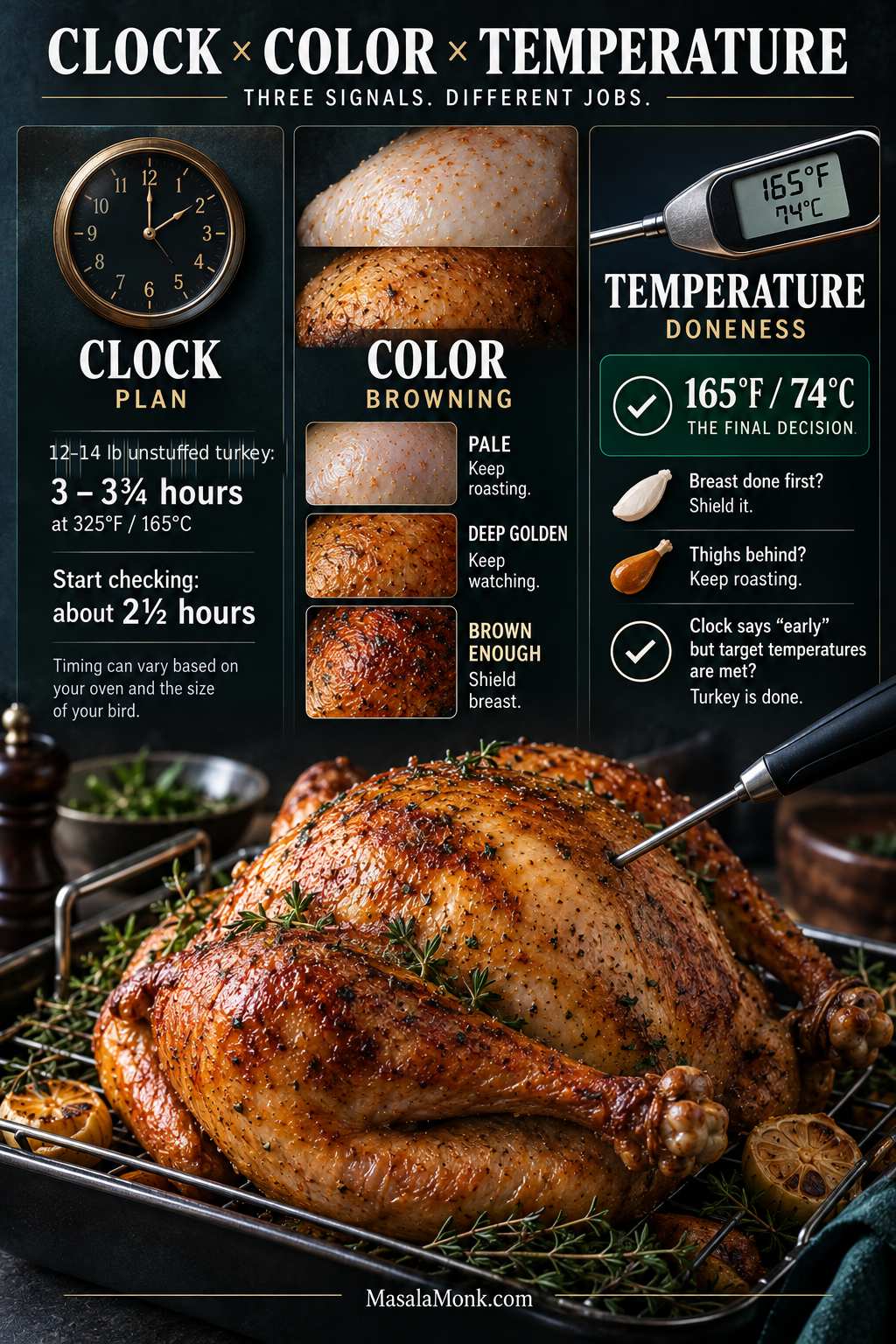 Three-part turkey doneness guide showing the clock for planning, skin color for browning decisions, and an instant-read thermometer for final doneness.