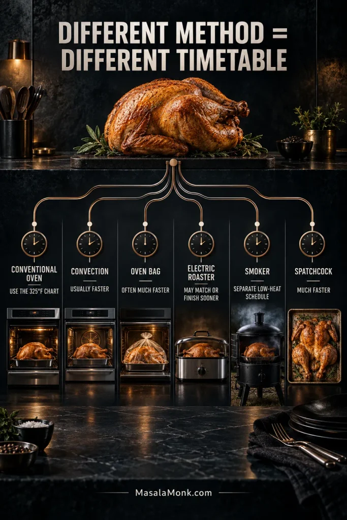 Routing infographic comparing six turkey cooking methods—conventional oven, convection, oven bag, electric roaster, smoker and spatchcock—with separate clocks showing that each method uses its own timetable.
