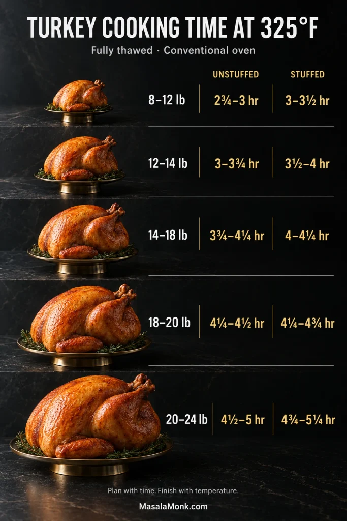 Infographic comparing 325°F cooking times for stuffed and unstuffed turkeys from 8 to 24 pounds, with progressively larger roasted turkeys.