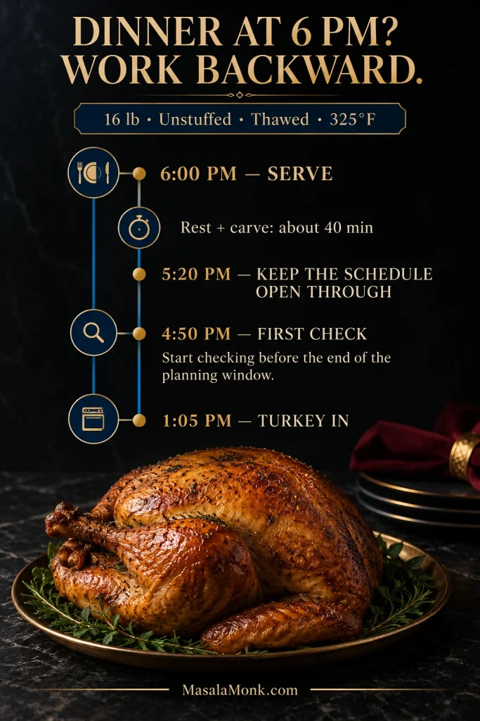 Vertical dinner-planning timeline for a 16 pound unstuffed turkey, showing oven-in time, first check, planning window and 6 PM serving.