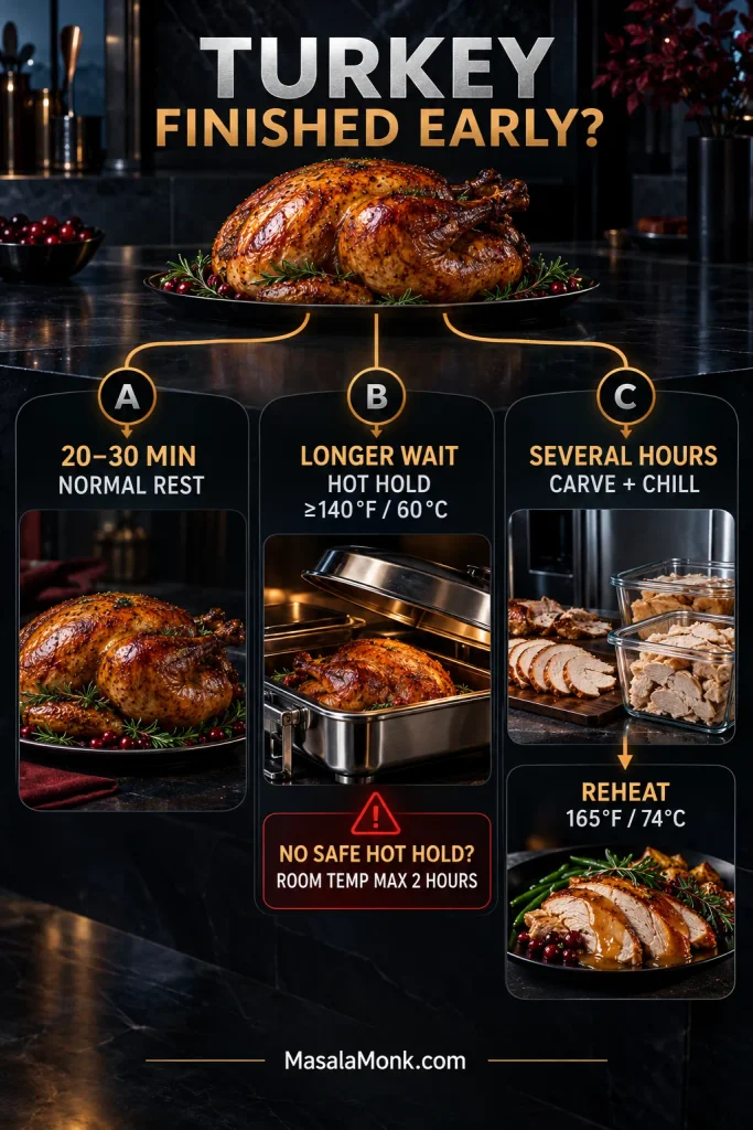 Three-path decision graphic for an early-finished turkey: a 20–30 minute rest, hot holding at 140°F / 60°C or above, or carving, chilling and reheating to 165°F / 74°C for a several-hour delay.
