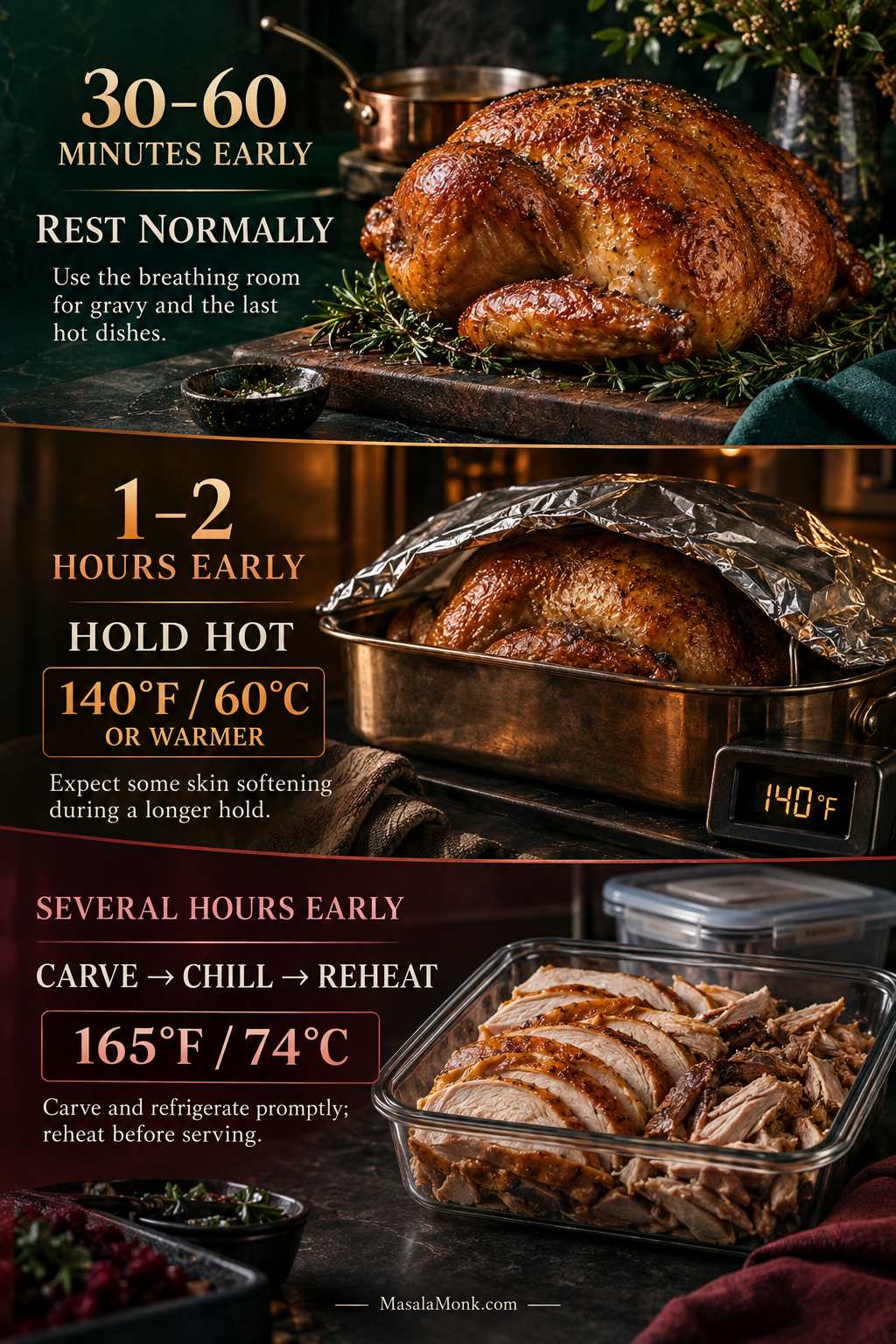 Three-stage turkey timing guide showing normal resting for a short early finish, hot holding for a longer delay, and carving, chilling, and reheating for a several-hour delay.