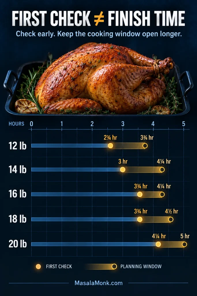 Infographic with timelines for 12, 14, 16, 18 and 20 pound turkeys, marking an earlier first temperature check and a longer planning window.