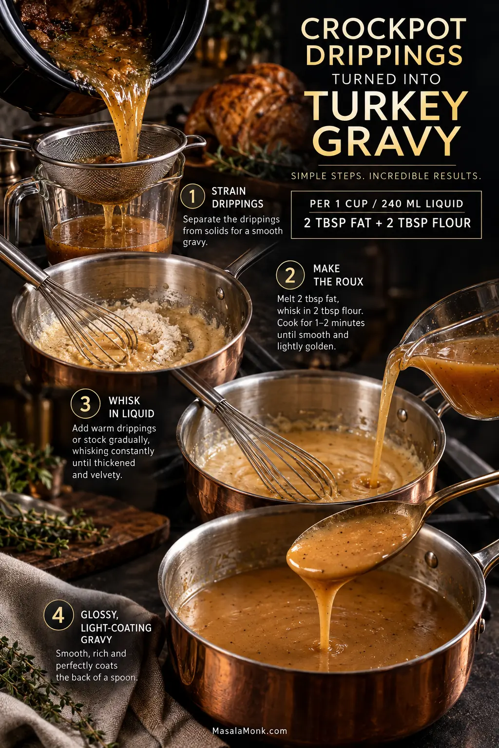 Turkey drippings being strained, thickened with a roux, whisked with liquid and finished as smooth pourable gravy.
