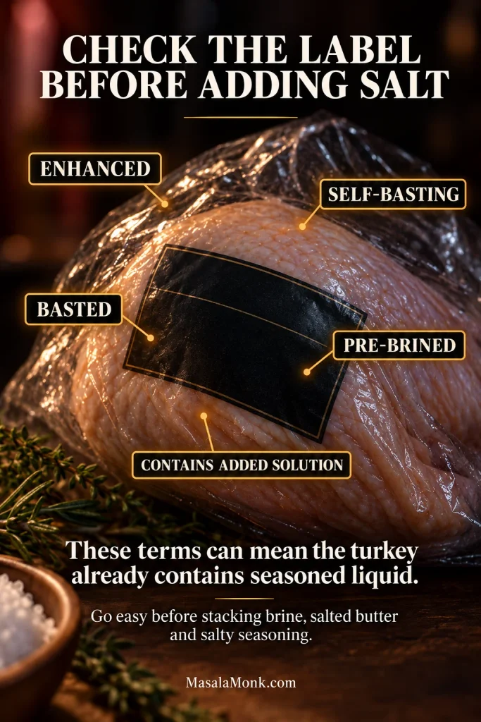 Close-up of packaged raw turkey with callouts highlighting enhanced, self-basting, basted, pre-brined and contains added solution.