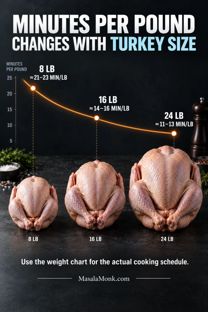 Graph with 8, 16 and 24 pound raw turkeys increasing in size while approximate cooking minutes per pound decrease.