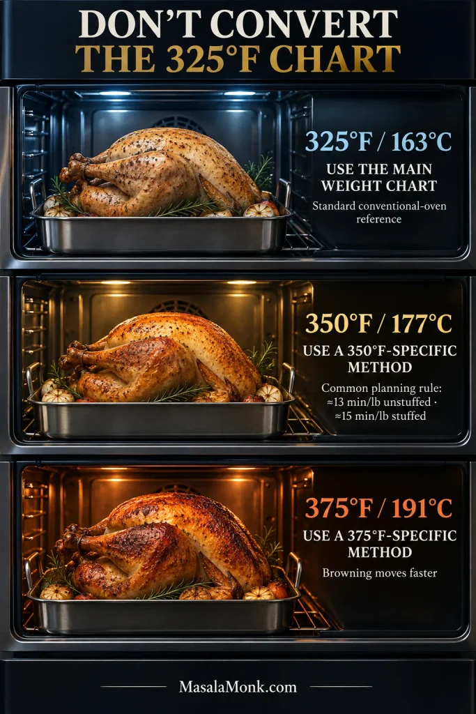 Three oven scenes showing turkeys at 325°F, 350°F and 375°F with progressively warmer lighting and method-specific guidance.