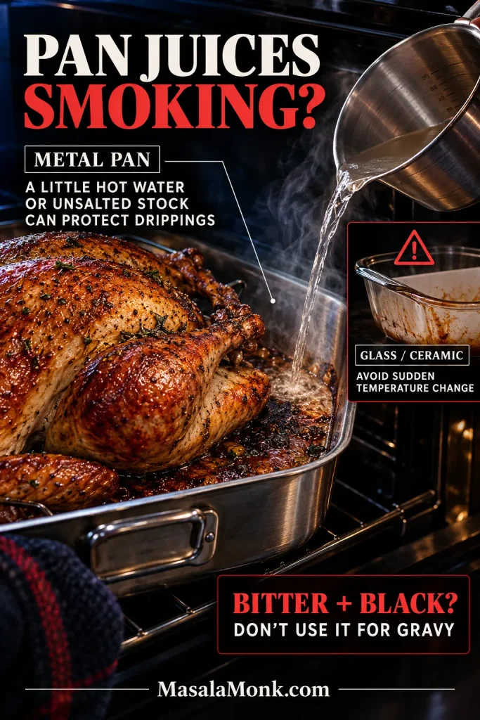 Roast turkey in a metal pan with smoking drippings as a small amount of hot liquid is added, beside a glass-or-ceramic cookware warning about sudden temperature change.