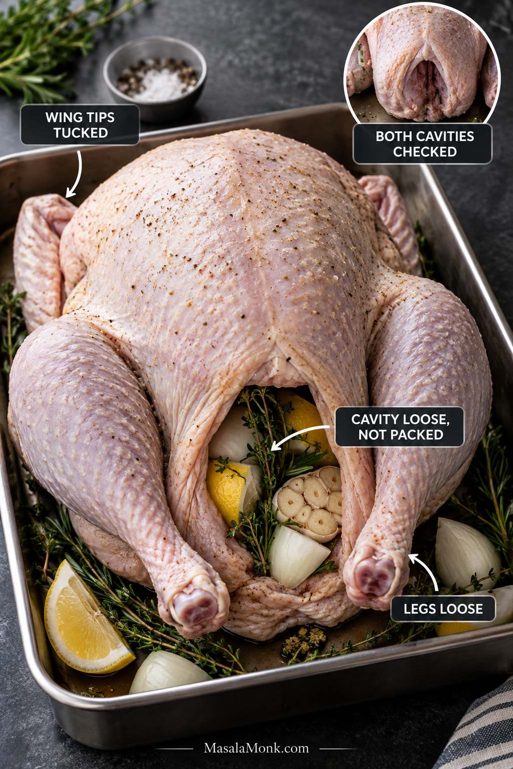 Prepared raw turkey breast-side up with loose onion, lemon, garlic, and herbs in the cavity, wing tips tucked, and legs left loose.