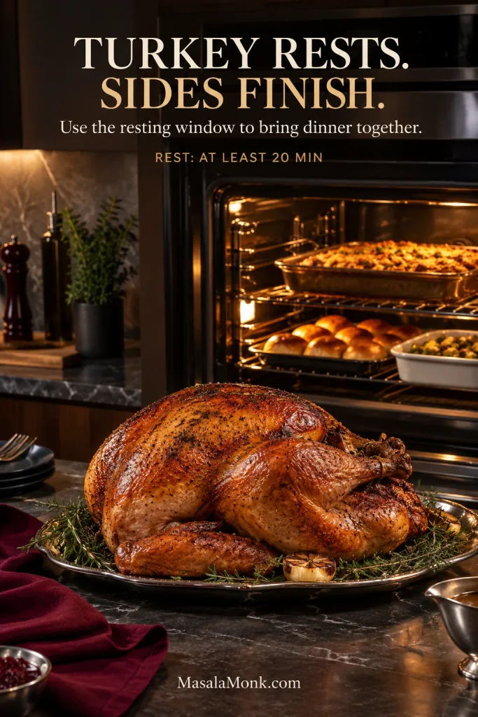 Roasted turkey resting on a platter in front of an open oven containing dinner rolls and casseroles in a dark modern kitchen.