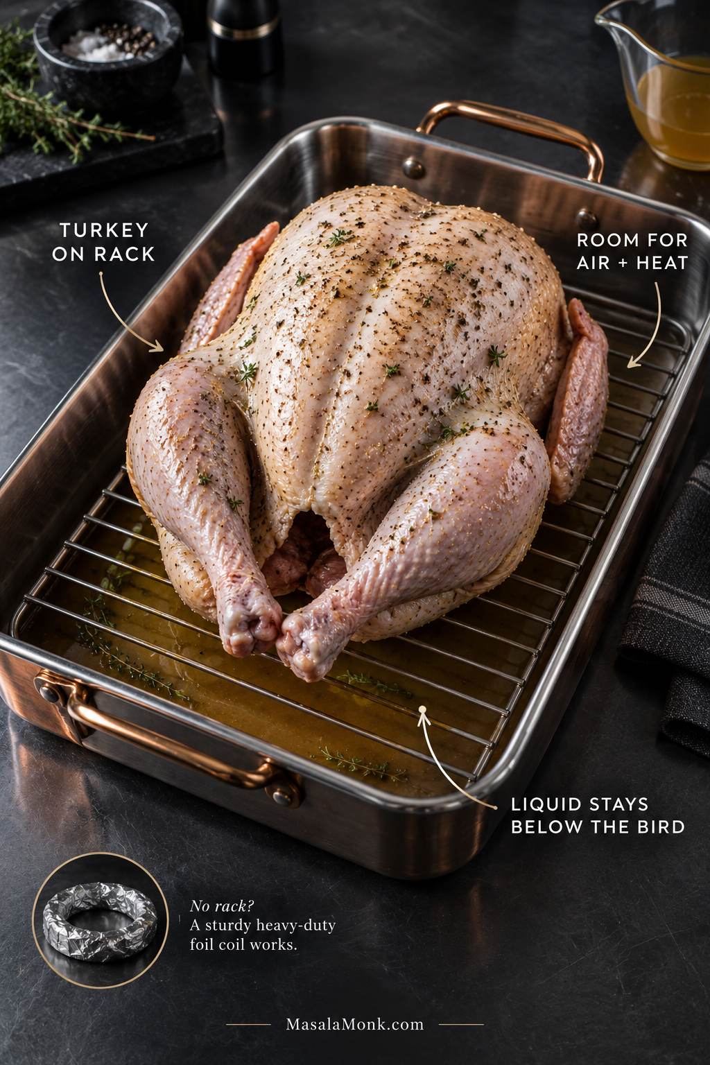 Raw whole turkey breast-side up on a rack inside a shallow roasting pan, with a small amount of liquid below the rack and space around the bird.