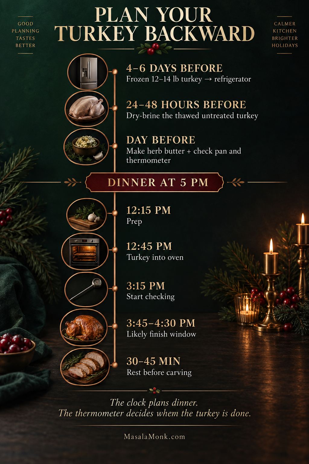 Vertical turkey planning timeline showing refrigerator thawing several days ahead, a 24–48 hour dry brine, roast-day timing, an early temperature check, and resting before dinner.