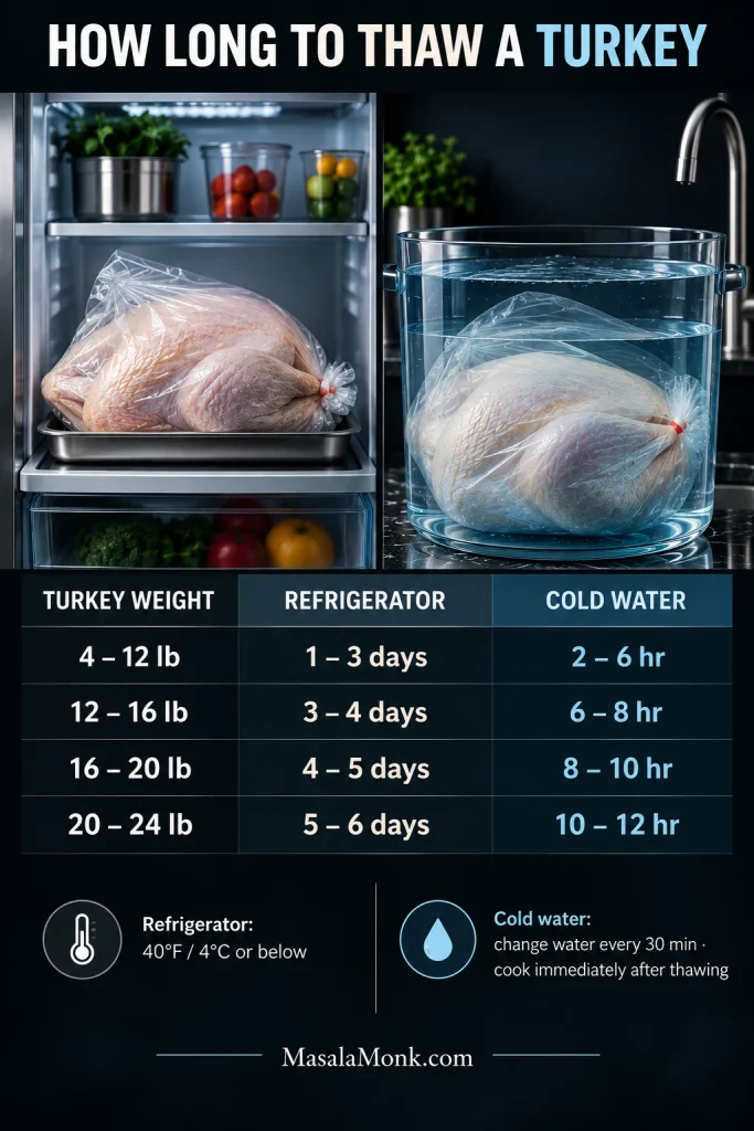 Infographic showing refrigerator and cold-water turkey thawing times for 4–12, 12–16, 16–20 and 20–24 pound birds.