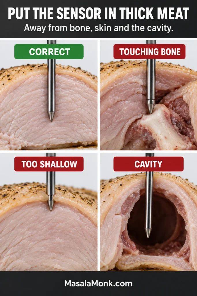 Four-panel close-up showing correct turkey thermometer placement, a probe touching bone, a probe too shallow under the skin, and a probe ending in the cavity.