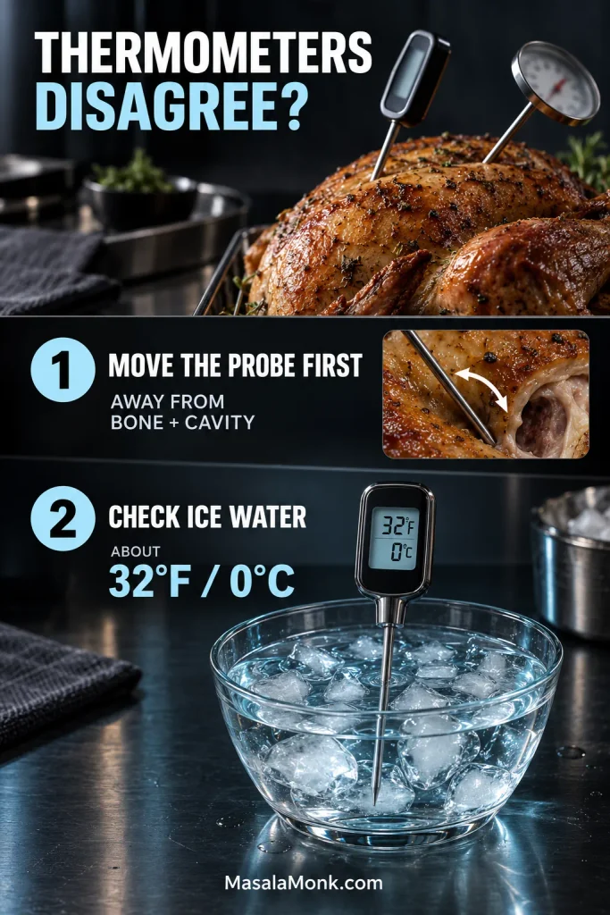 Two-step thermometer troubleshooting graphic showing probes in a roast turkey, then a probe moved away from bone and the cavity, followed by an ice-water check reading about 32°F / 0°C.