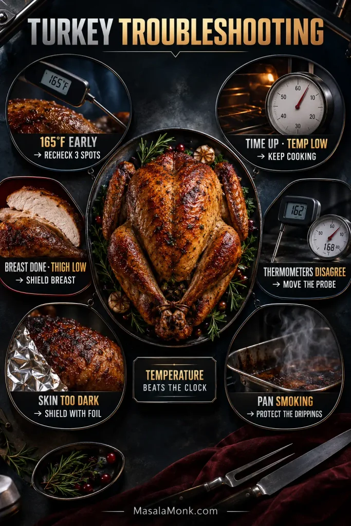 Turkey troubleshooting infographic with a whole roasted turkey in the center and six surrounding problem-and-fix panels for early temperature, low temperature, breast-thigh mismatch, thermometer disagreement, dark skin and smoking pan.