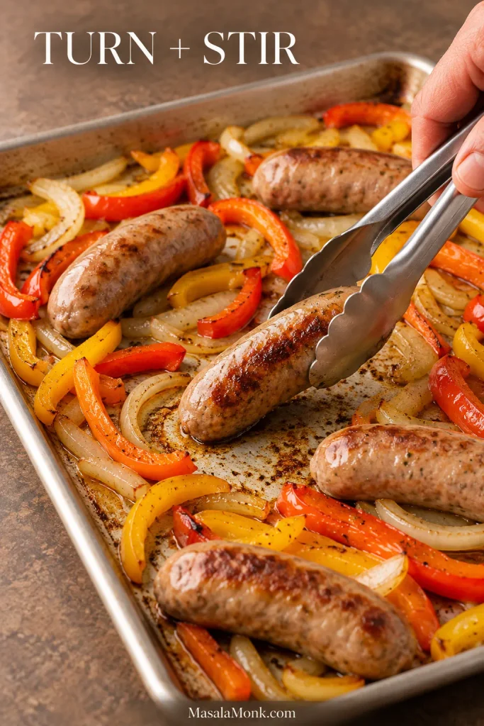 Metal tongs turning an Italian sausage link on a sheet pan and exposing its browned contact side, with partially roasted peppers and onions around it.