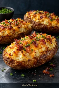Three finished twice-baked Russet potato halves with fluffy filling, melted cheddar, crisp bacon and chopped chives on a dark surface.