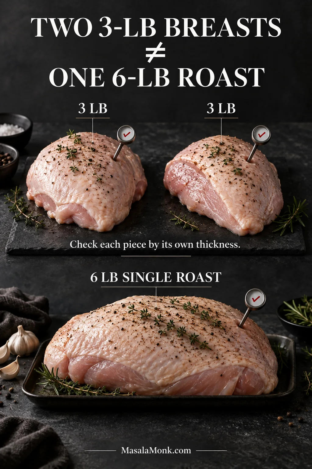 Two separate three-pound turkey breasts compared with one six-pound roast to show that separate pieces retain their own thickness and doneness.