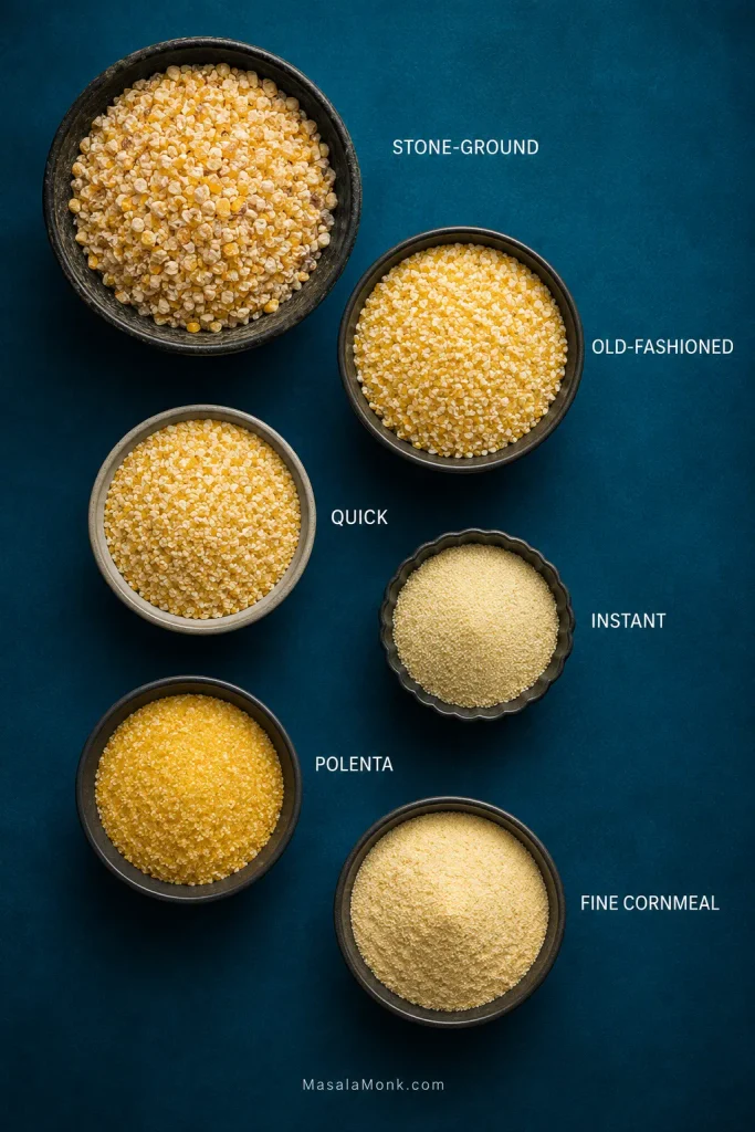 Six bowls showing representative dry textures of stone-ground, old-fashioned, quick and instant grits, polenta and fine cornmeal.