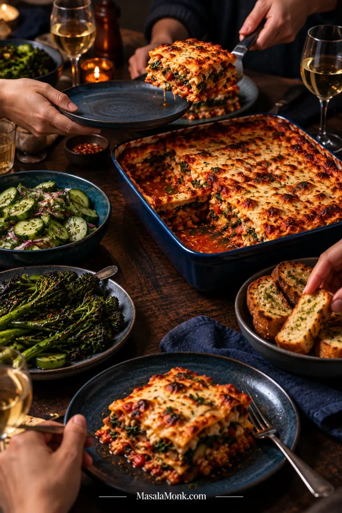 People serving vegetable lasagna at a dark wooden table with cucumber salad, charred broccolini and garlic bread.