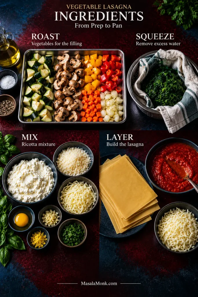 Vegetable lasagna ingredients grouped by preparation: vegetables for roasting, spinach for squeezing, ricotta ingredients for mixing, and sauce, pasta and mozzarella for layering.