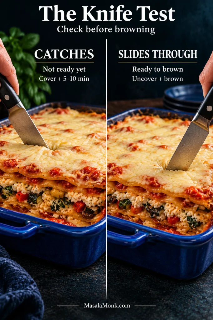 Two lasagna pans compare a knife stopping in firm pasta with a knife sliding deeply through tender noodles before final browning.