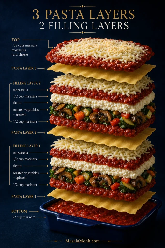 Exploded vegetable lasagna showing three pasta layers, two vegetable-and-ricotta filling layers, marinara between the noodles and cheese on top.