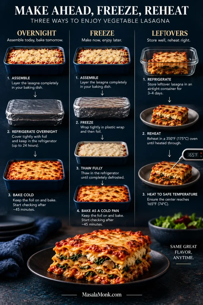 Three vegetable lasagna workflows show refrigerating an assembled pan overnight, freezing and thawing it in the refrigerator, and reheating leftovers to 165°F or 74°C.