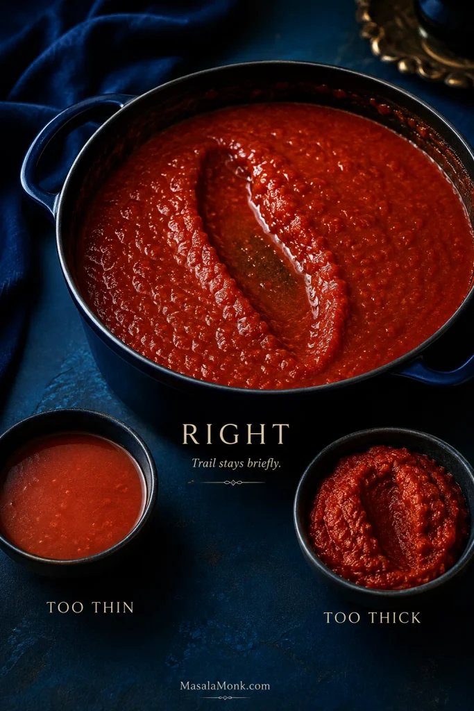 Marinara showing the correct thick, spreadable consistency and separate examples of sauce that is too thin and too thick.