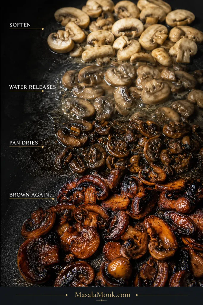 Mushrooms shown softening, releasing water, cooking until the pan dries, and finally becoming deeply browned.