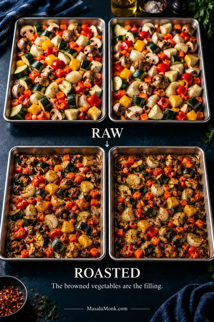 Raw zucchini, mushrooms, bell pepper, yellow onion and carrot on sheet pans beside the same vegetables roasted until smaller and browned.