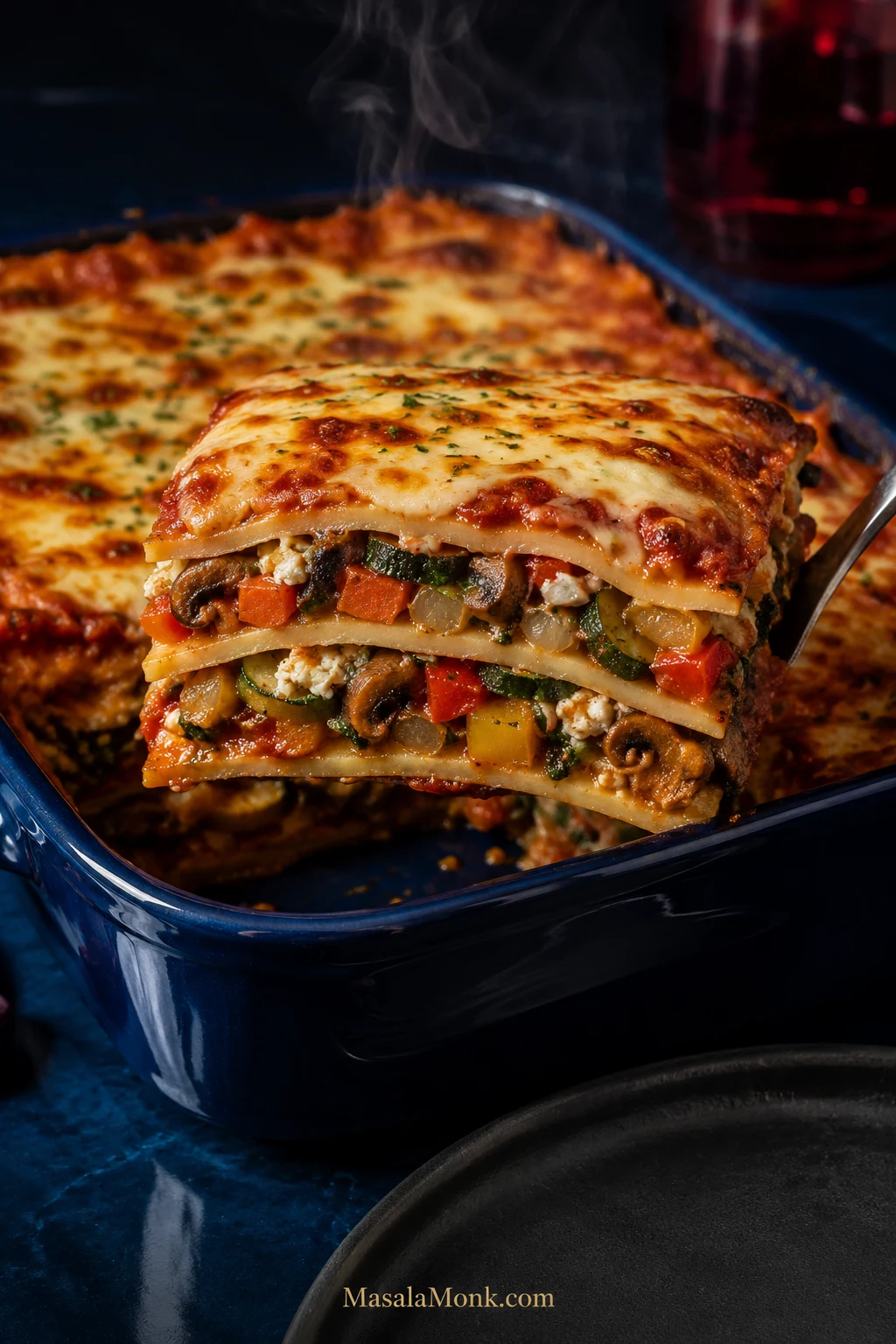 Finished vegetable lasagna in a deep blue baking dish with a lifted slice showing pasta, ricotta, spinach, zucchini, mushrooms, peppers and tomato sauce.