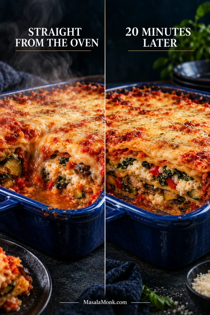 Vegetable lasagna shown steaming and loose straight from the oven beside the same lasagna after 20 minutes, when the layers hold together more cleanly.