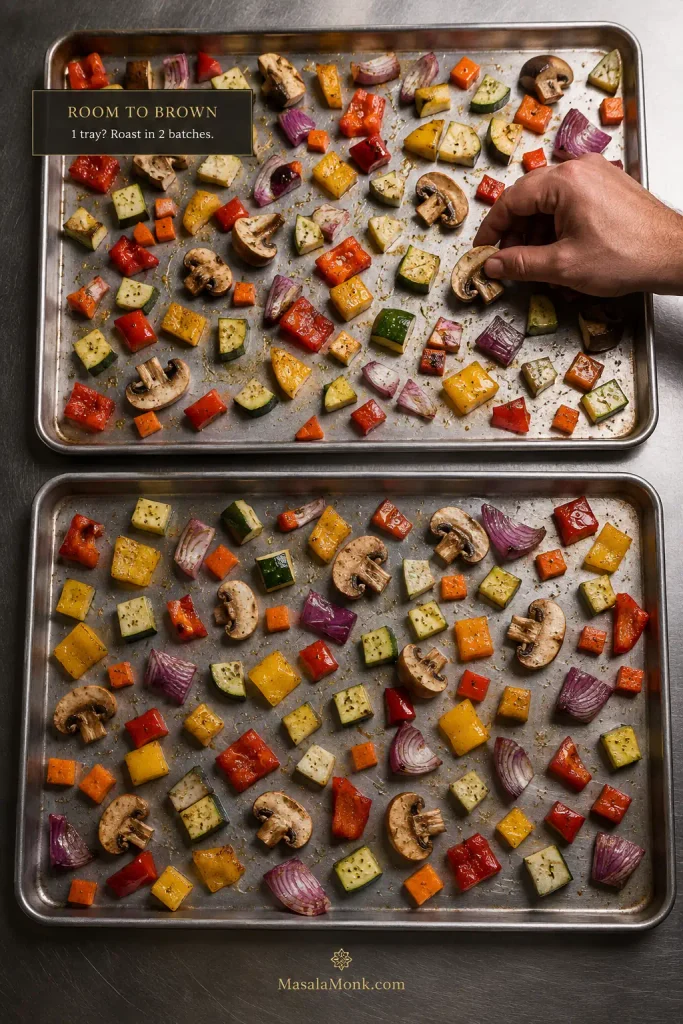 Chopped vegetables spread with space between them on two rimmed sheet pans for roasting and browning.