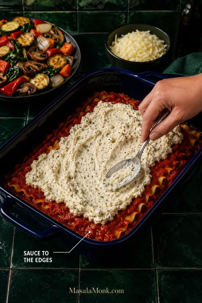 Hands spreading ricotta over a sauced pasta layer in a blue lasagna dish, with marinara reaching the edges and corners.