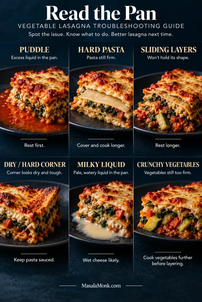 Six lasagna problems shown in close-up: pooled liquid, hard pasta, sliding layers, a dry corner, milky cheese liquid and oversized firm vegetables.