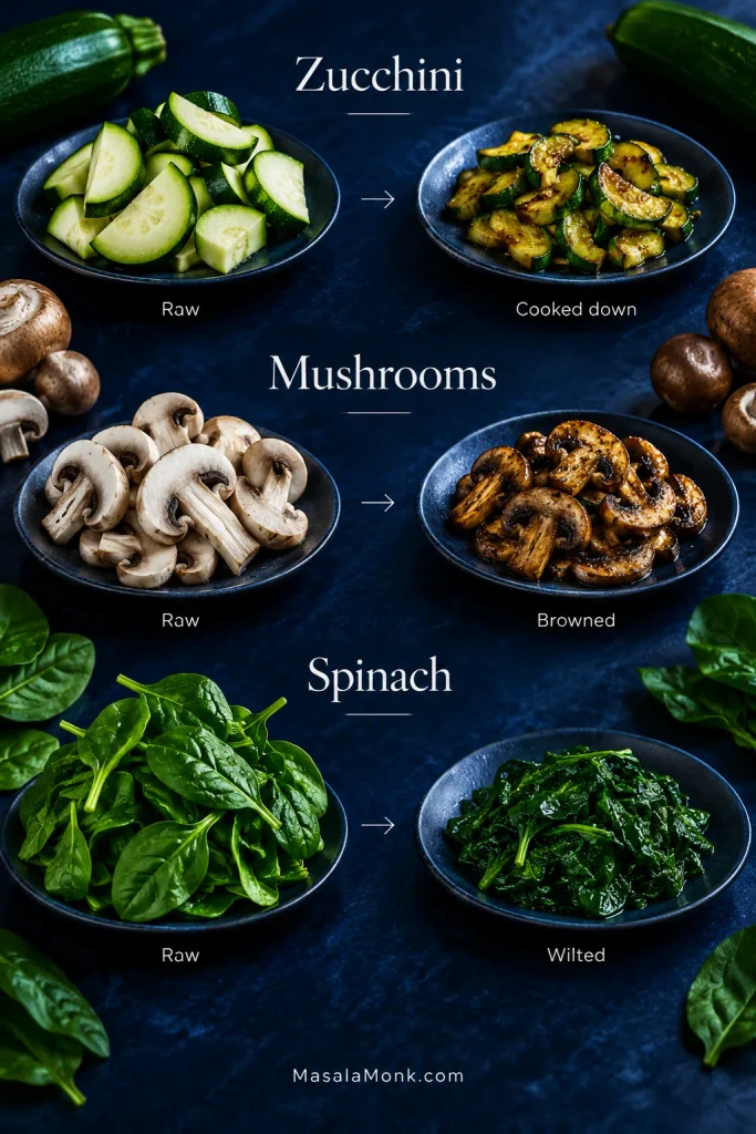 Before-and-after guide showing raw and cooked-down zucchini, raw and browned mushrooms, and fresh spinach beside a much smaller portion of wilted spinach.
