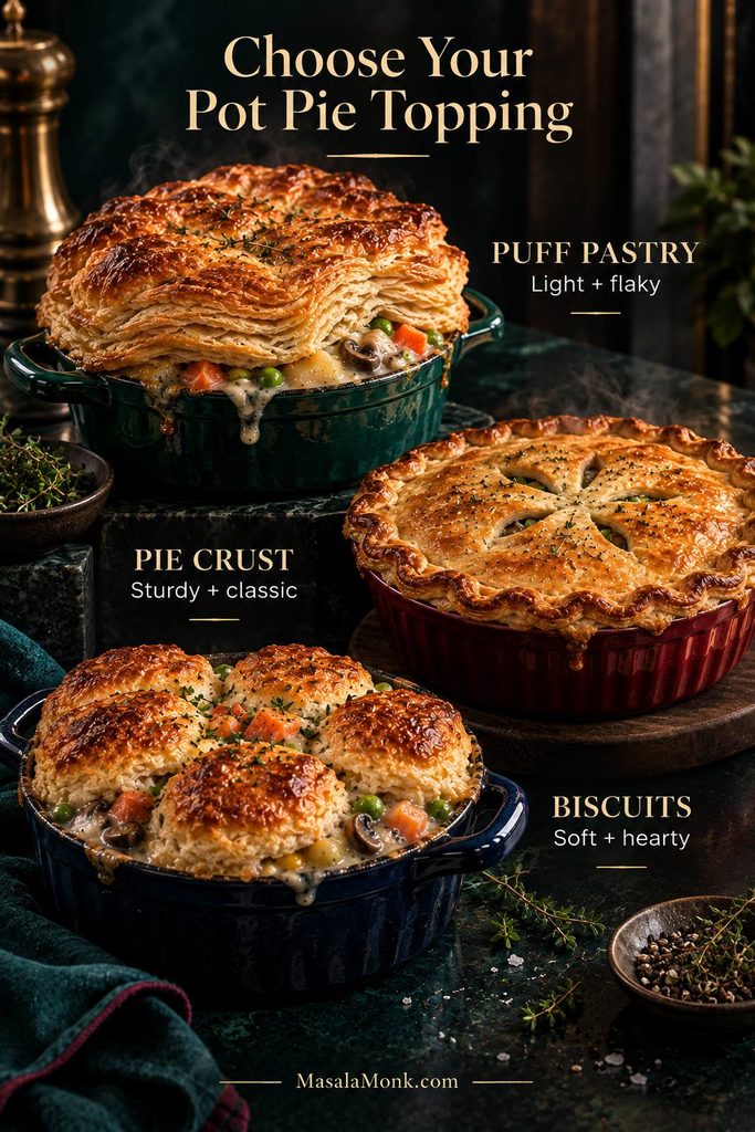 Three vegetable pot pies comparing a tall flaky puff-pastry lid, a flatter crimped pie crust and separate golden biscuit topping.