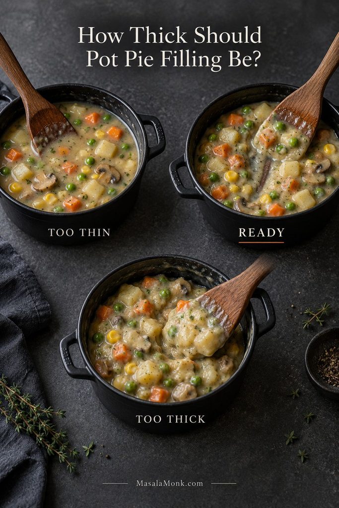 Three vegetable pot pie fillings showing a loose watery consistency, a creamy ready consistency that coats the vegetables, and an overly thick stiff consistency.