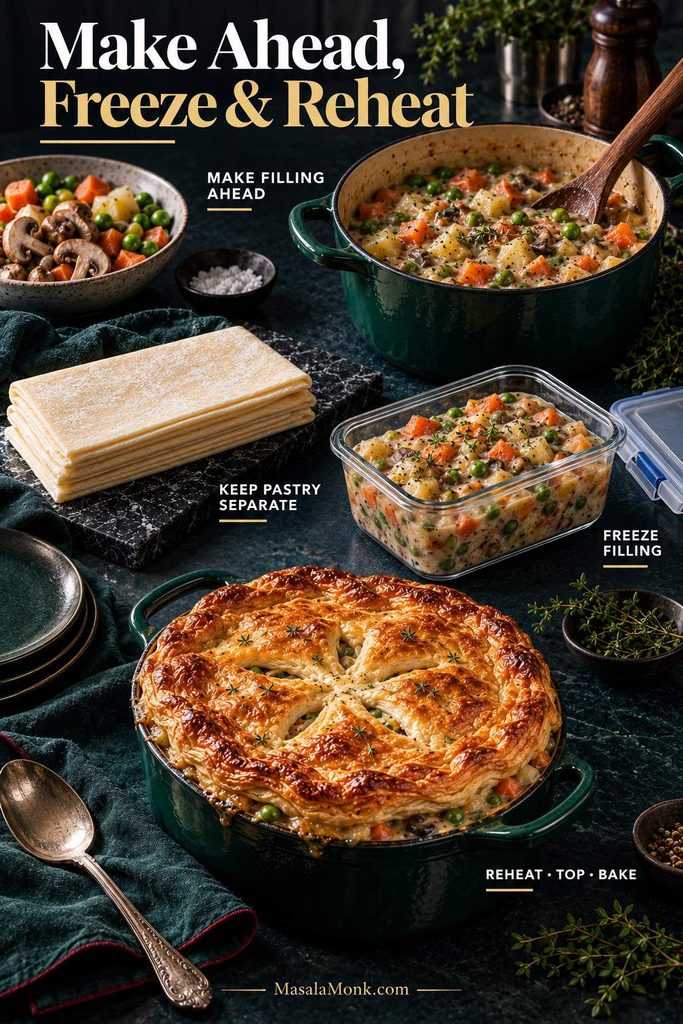 Make-ahead vegetable pot pie sequence showing cooked filling prepared and stored separately from raw puff pastry, followed by reheating, topping and baking.