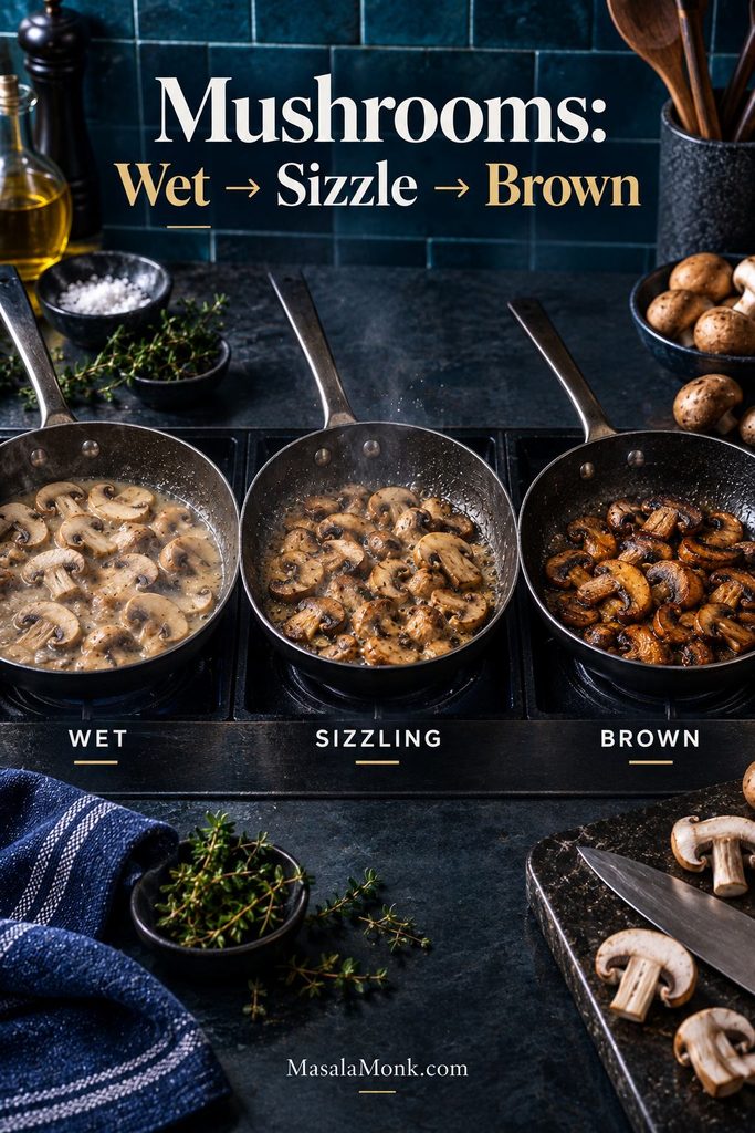 Three pans showing mushrooms releasing liquid, mushrooms sizzling as the liquid evaporates, and mushrooms deeply browned after the excess moisture is gone.