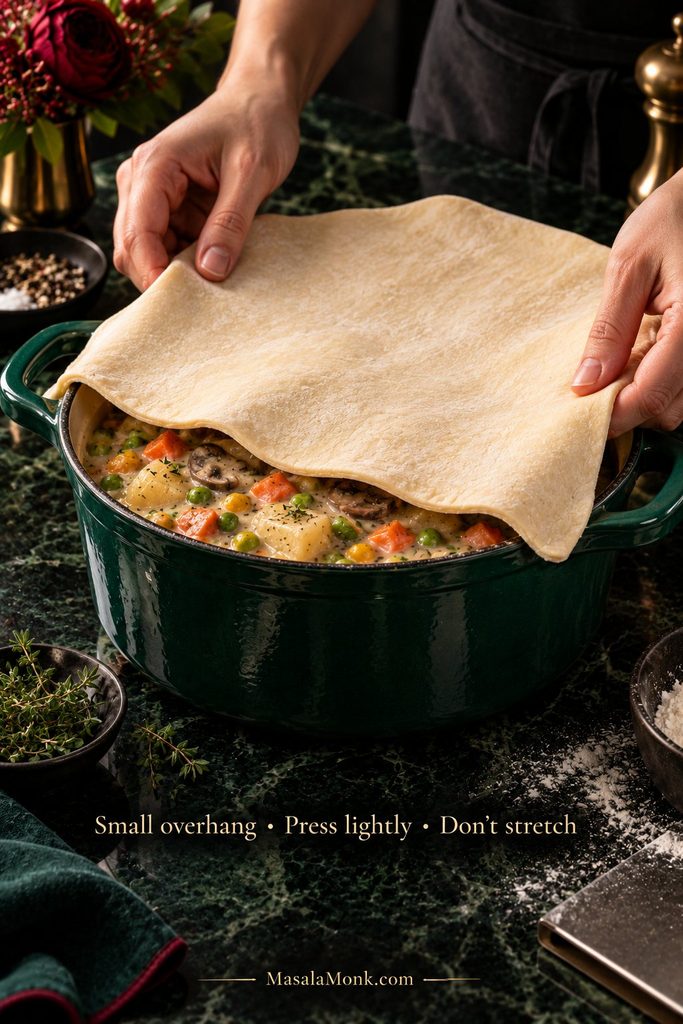 Hands laying one sheet of raw puff pastry over creamy vegetable pot pie filling with a small overhang around a deep green casserole.