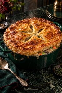 Vegetable pot pie in a deep green casserole with a deeply golden puff-pastry lid and creamy potato, carrot, pea, corn and mushroom filling visible around the rim.