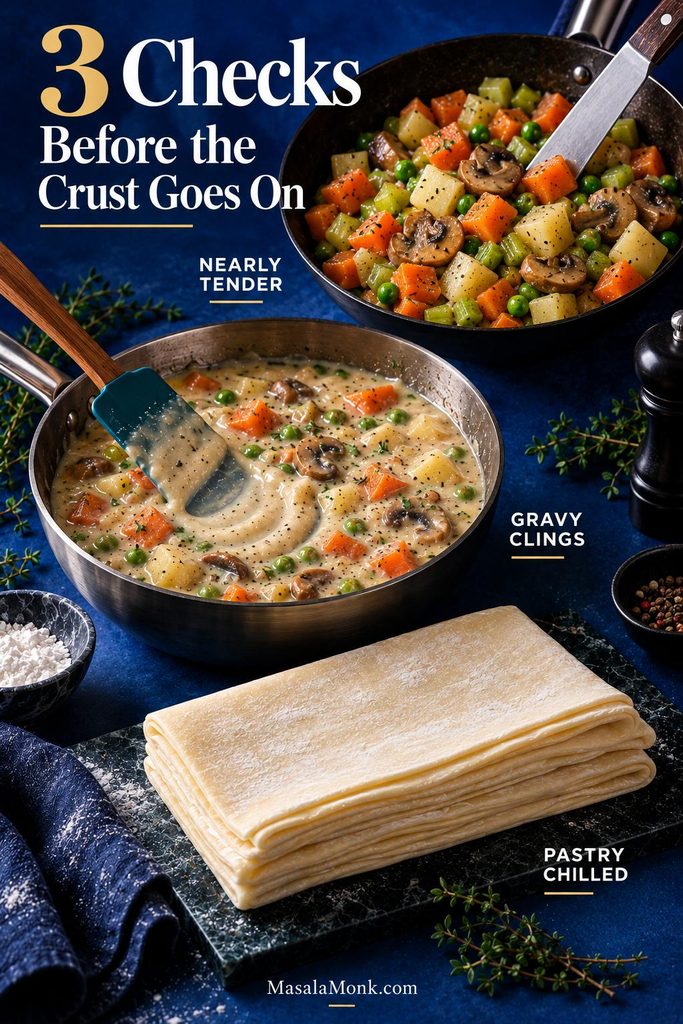 Three pre-baking checks for vegetable pot pie: nearly tender vegetables being tested, thick gravy that clings and leaves a brief trail, and chilled puff pastry ready for the dish.