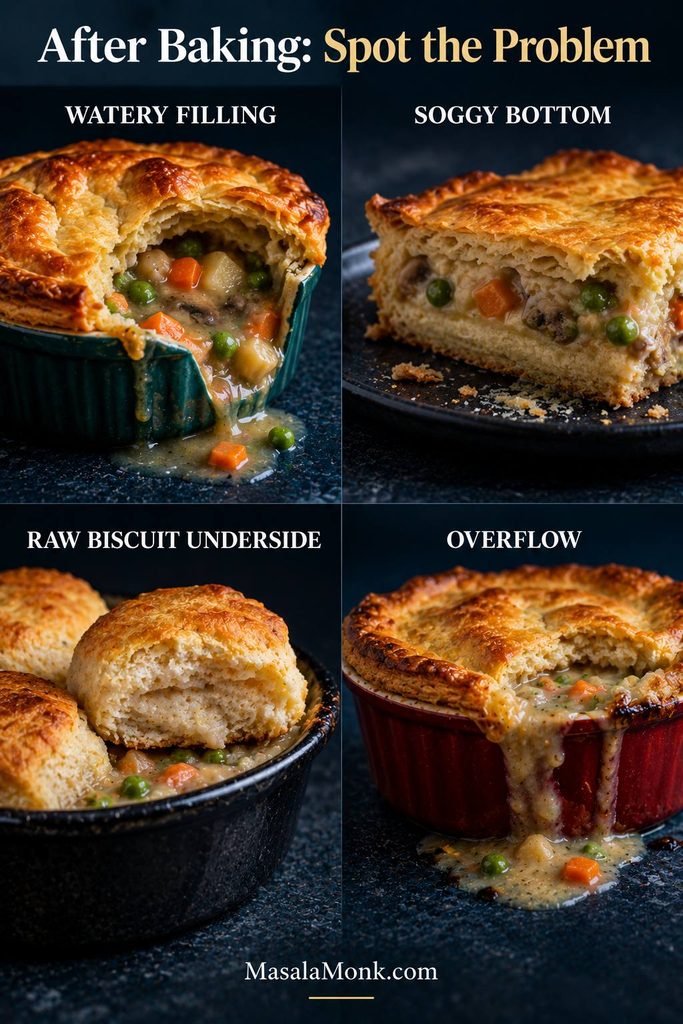 After-baking troubleshooting guide showing watery pot pie filling, a soggy bottom crust, a biscuit with a raw or gummy underside and filling overflowing from a baking dish.