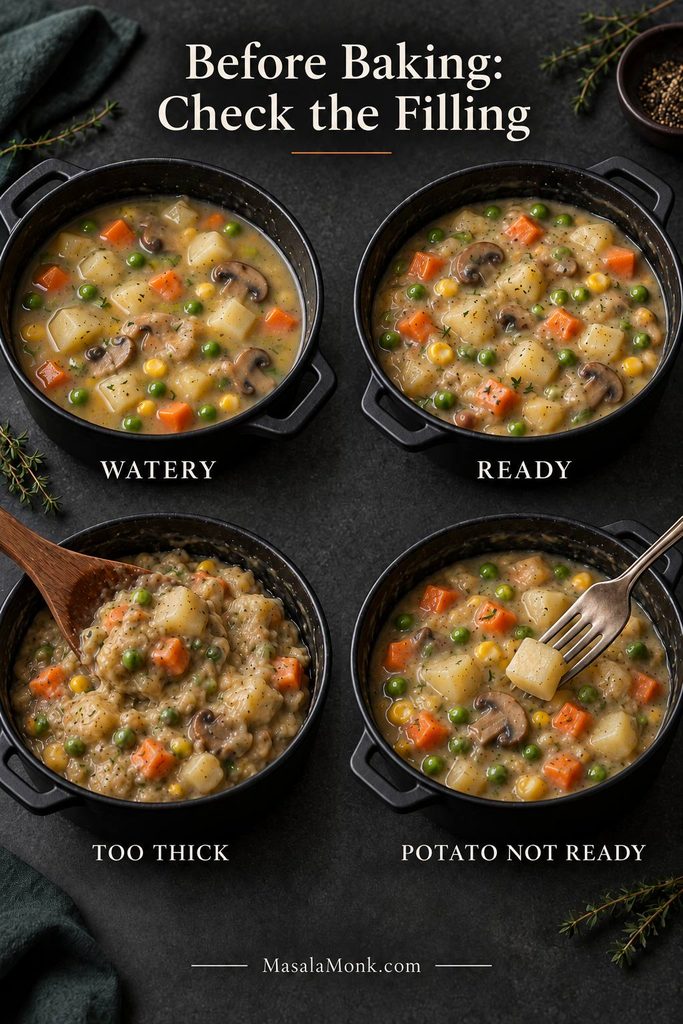 Before-baking troubleshooting guide showing watery filling, correctly thickened filling, overly thick filling and an undercooked potato being checked for tenderness.