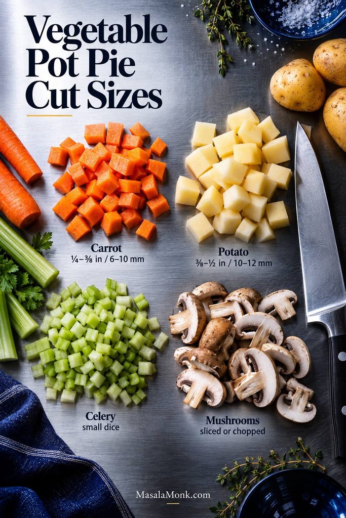 Overhead vegetable prep guide showing carrots cut about ¼ to ⅜ inch, potatoes about ⅜ to ½ inch, small-diced celery and sliced mushrooms.